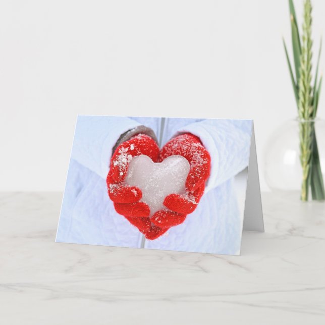 Tarjeta Festiva Navidades de corazón helado en guantes (Anverso)