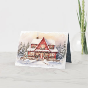 Tarjeta Festiva Navidades de Cottage y venado en copos de nieve