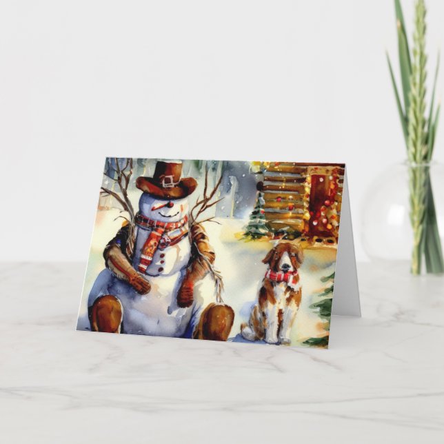 Tarjeta Festiva Navidades de Cowboy Snowman y Saint Bernard (Anverso)