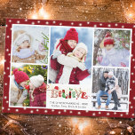 Tarjeta Festiva Navidades de CREENCIA festiva Espíritu 5 Collage d<br><div class="desc">Navidades fotografían tarjeta de saludo de vacaciones con un collage de fotos de 5 fotos con un título festivo de la tipografía BELIEVE lleno de Navidades con adorables y extravagantes íconos de Navidades como Santa, elfos y renos, etc. y hadas o luces de trineo de vacaciones blancas y tu elección...</div>