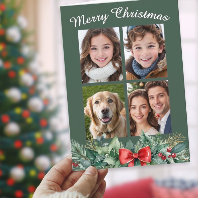 Tarjeta Festiva Navidades de cuatro fotos de la corona verde oscur (A Christmas card to personalize with four favorite photos, with watercolor-style greenery)