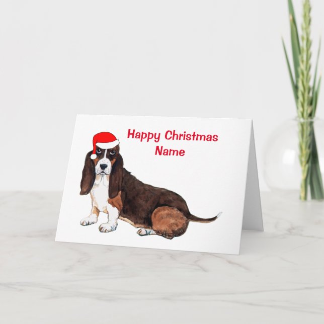Tarjeta Festiva Navidades de Cute Basset Hound Santa Hat (Anverso)