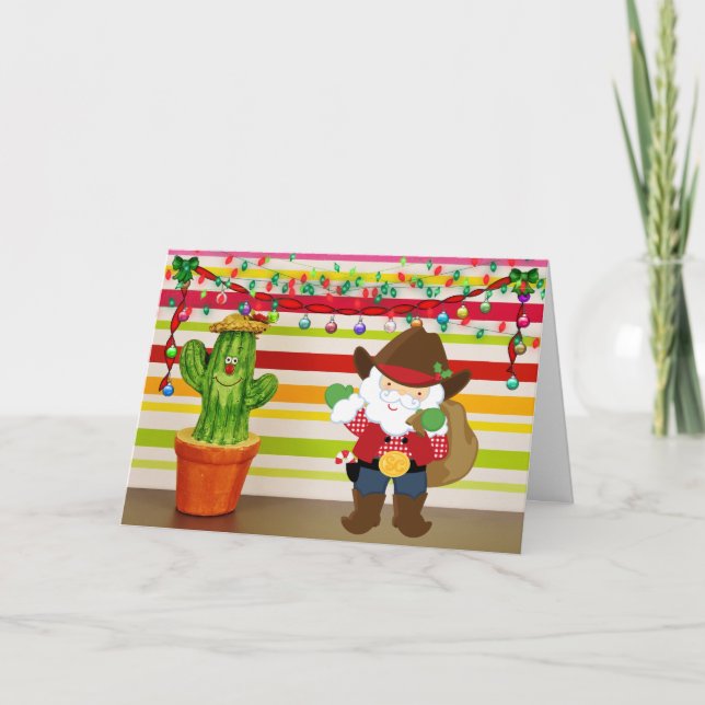 Tarjeta Festiva Navidades de Cute Cowboy Santa y Cactus del Suroes (Anverso)