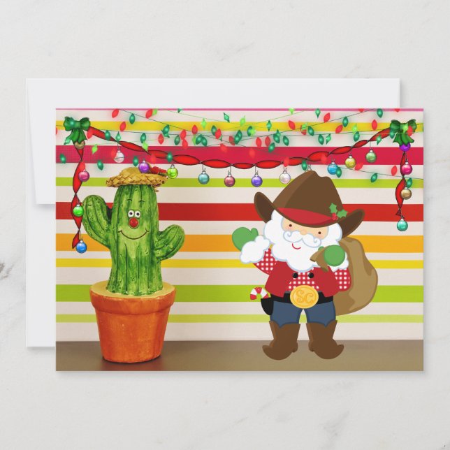 Tarjeta Festiva Navidades de Cute Cowboy Santa y Cactus del Suroes (Anverso)