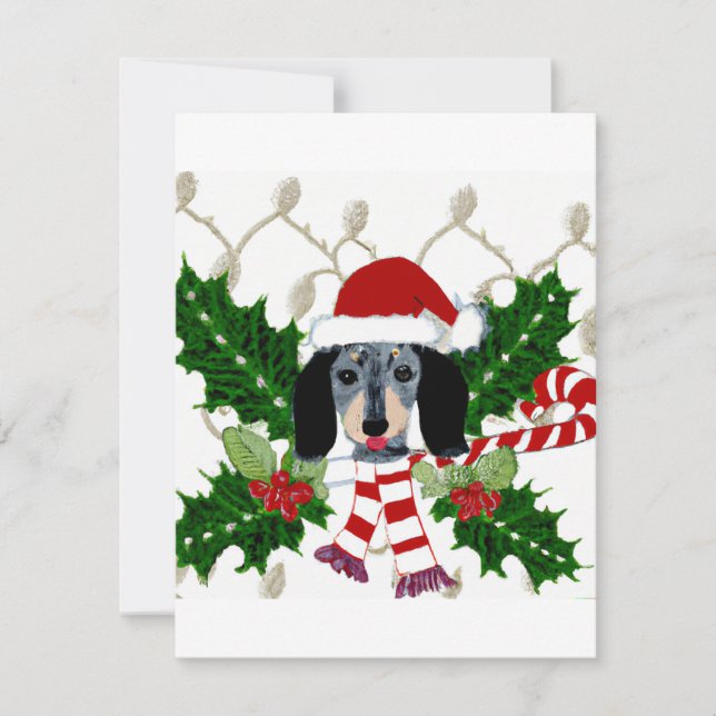 Tarjeta Festiva Navidades de Cute Dachshund y Holly Wreath saludan (Anverso)