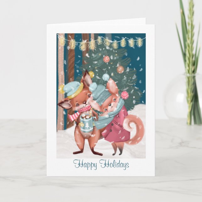 Tarjeta Festiva Navidades de Cute Fox Couple Happy Holidays (Anverso)