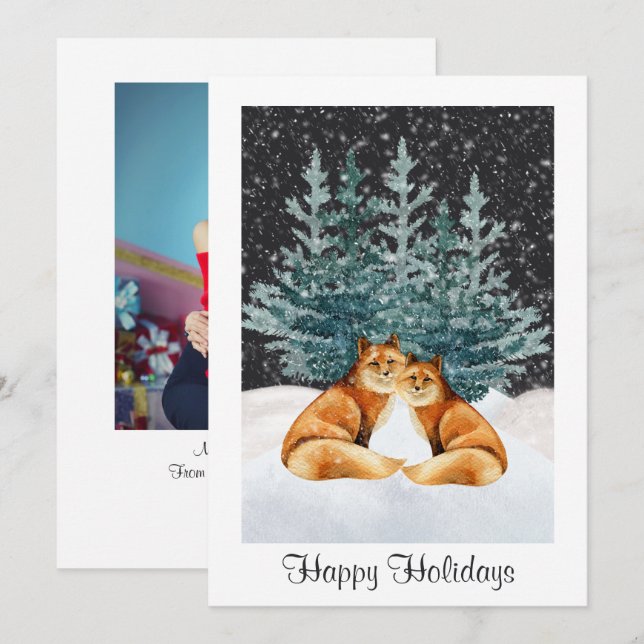 Tarjeta Festiva Navidades de Cute Fox Couple Happy Holidays Photo (Anverso / Reverso)