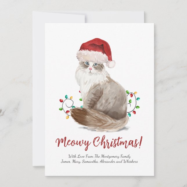 Tarjeta Festiva Navidades de Cute Meowy Cat Santa Hat Personalizad (Anverso)