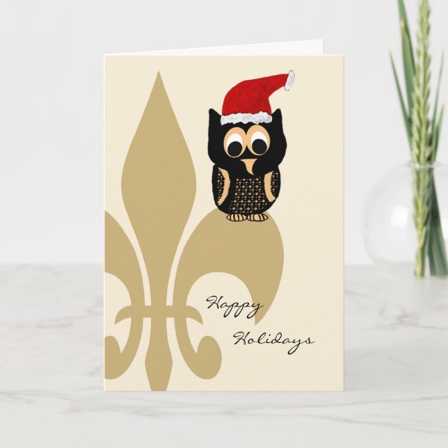 Tarjeta Festiva Navidades de Cute Owl Santa Fleur de Lis (Anverso)