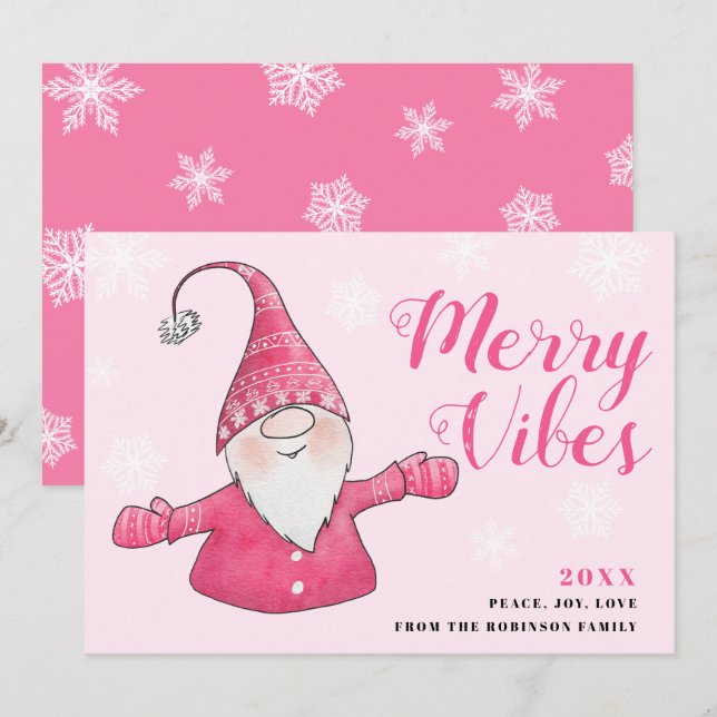 Tarjeta Festiva Navidades de Cute Pink Gnome Merry Vibes (Anverso / Reverso)
