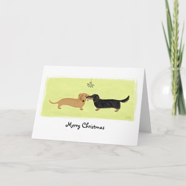 Tarjeta Festiva Navidades de Dachshund besan a los perros enamorad (Anverso)