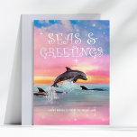 Tarjeta Festiva Navidades de Dolphin Seas & Greetings Beach<br><div class="desc">La tarjeta de Navidades temáticos de la playa incluye un delfín saltando bajo un mágico cielo estrellado con la leyenda "Mares y saludos". Arte por KL Stock</div>