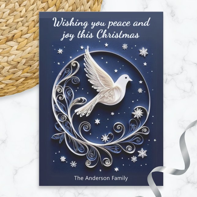 Tarjeta Festiva Navidades de Dove of Peace Elegant Faux Papercraft (An elegant Christmas card, featuring a dove of peace picture with a papercraft appearance)