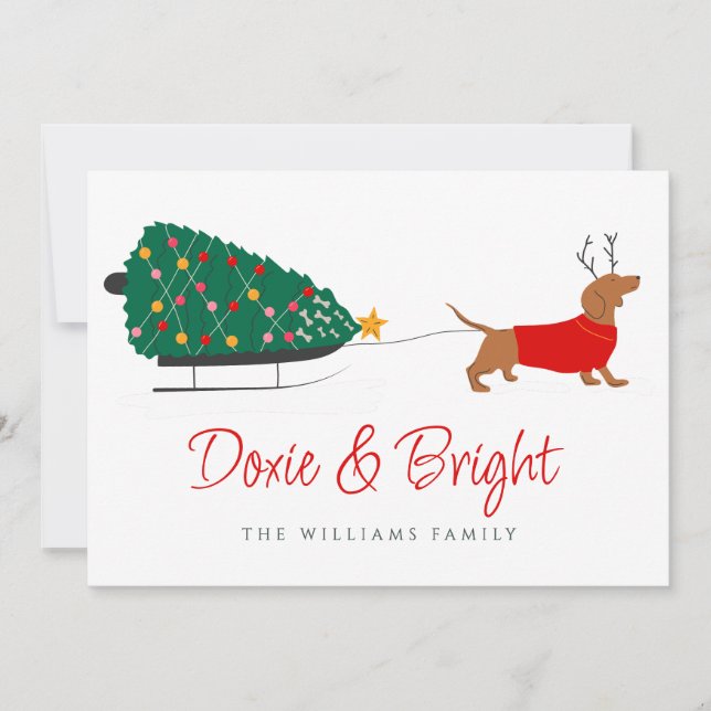 Tarjeta Festiva Navidades de Doxie Merry y Bright Dachshund (Anverso)