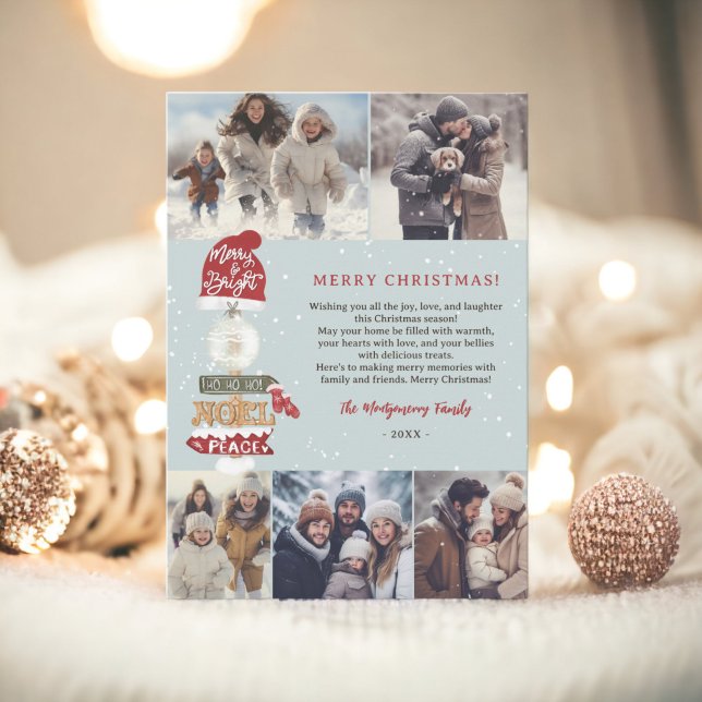 Tarjeta Festiva Navidades de escritura de señas de madera rústica  (Rustic wooden sign script Christmas 5 photos Holiday Card on icy blue)