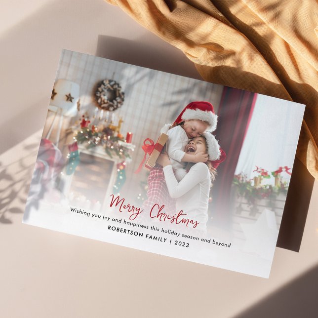 Tarjeta Festiva Navidades de escritura elegantes con fotografía fa (Plaid Christmas Photo Rustic Greetings Card)