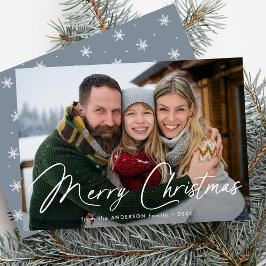 Tarjeta Festiva Navidades de escritura firma moderna Icy Blue Phot