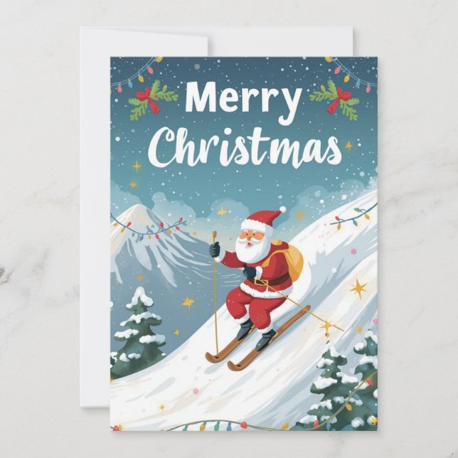 Tarjeta Festiva Navidades de esquí con Santa Claus en la montaña (Anverso)