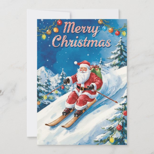 Tarjeta Festiva Navidades de esquí con Santa Claus en la montaña (Anverso)
