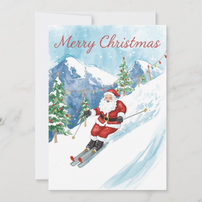 Tarjeta Festiva Navidades de esquí con Santa Claus en la montaña (Anverso)