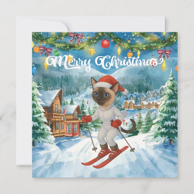 Tarjeta Festiva Navidades de esquí para el gato Santa Claus Fan Si (Anverso)