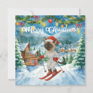 Tarjeta Festiva Navidades de esquí para el gato Santa Claus Fan Si