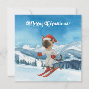 Tarjeta Festiva Navidades de esquí para el gato Santa Claus Fan Si