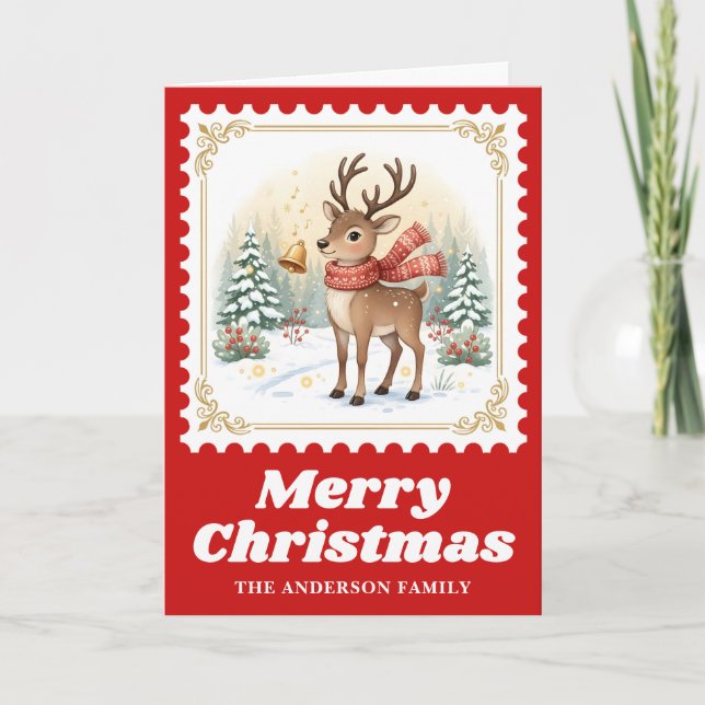 Tarjeta Festiva Navidades de estampado de bélice de reno retro (Anverso)