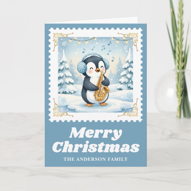 Tarjeta Festiva Navidades de estampado de repostaje del penguín sa (Anverso)