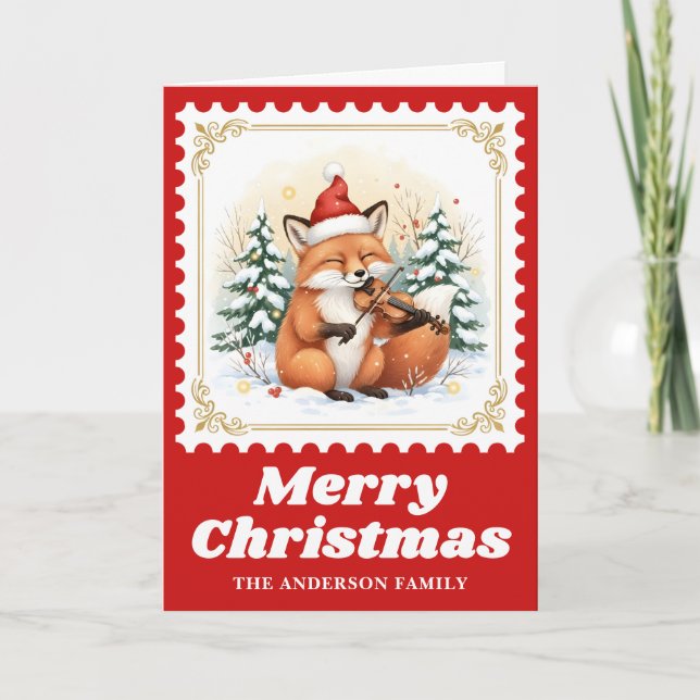 Tarjeta Festiva Navidades de estampado de retro de violín de Fox (Anverso)