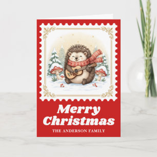 Tarjeta Festiva Navidades de estampado retro de guitarra de Hedgeh