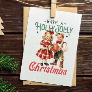 Tarjeta Festiva Navidades de estilo vintage Niños Holly Jolly
