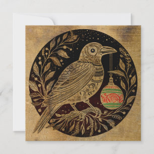 Tarjeta Festiva Navidades de estilo Woodcut raven con ornamento