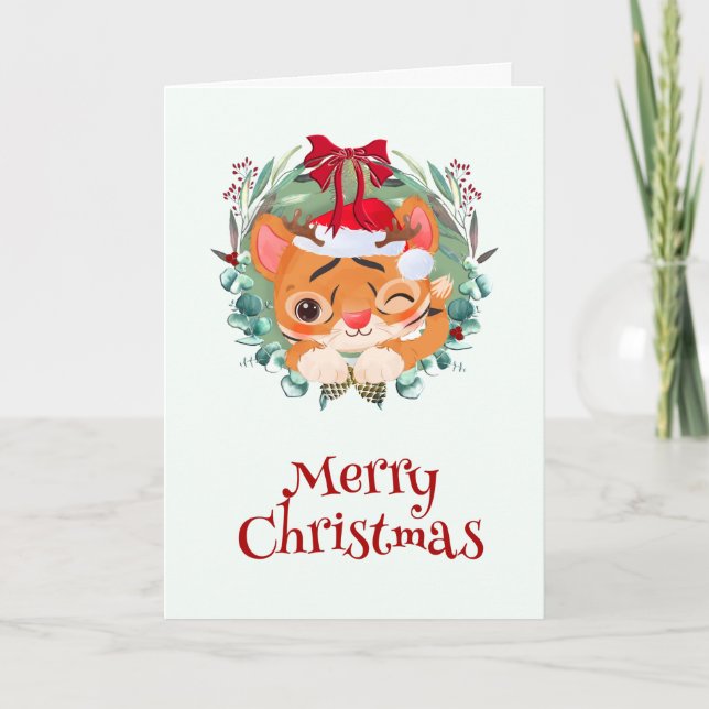 Tarjeta Festiva Navidades de Eucalyptus Wreath Cute Tiger (Anverso)