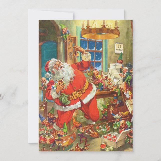 Tarjeta Festiva Navidades de fábrica de juguetes de la vieja Santa (Anverso)