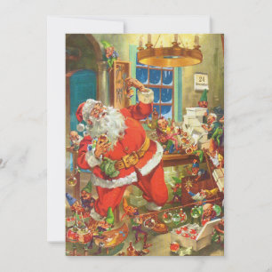 Tarjeta Festiva Navidades de fábrica de juguetes de la vieja Santa