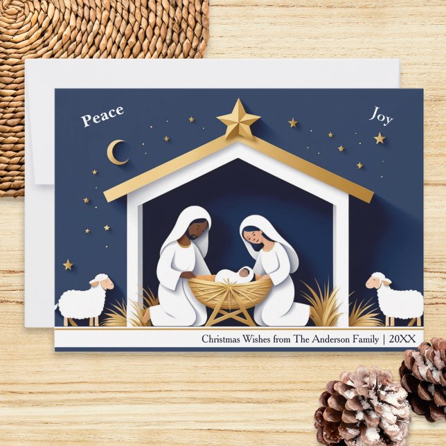 Tarjeta Festiva Navidades de Faux Papercraft Peace & Joy Nativity (A faux papercraft Christmas card with nativity scene. Mary, Joseph and baby Jesus in the manger)