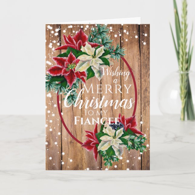 Tarjeta Festiva Navidades de Fiancee Floral de Poinsettia Rústica (Anverso)