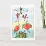 Tarjeta Festiva Navidades de Flamingo Rosa de Piña Tropical<br><div class="desc">Bonitas tarjetas de Navidades flamingo rosa que puedes personalizar para la temporada de vacaciones! A amigos y familiares les encantarán estas cartas de Navidades tropicales únicas y artísticas... Este diseño original de Raphaela Wilson, representa dos flamencos rosados con un sombrero de Santa Claus festivo y renos con una bolsa de...</div>