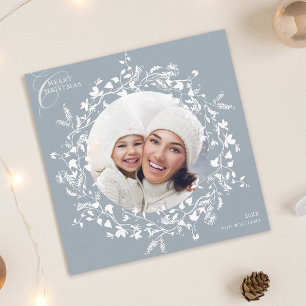 Tarjeta Festiva Navidades de Flor Silvestre Dusty Blue Boho Photo