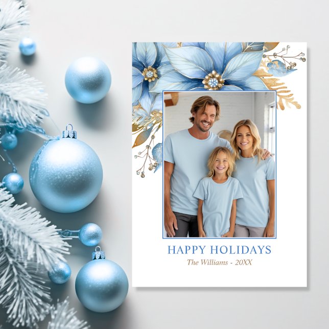 Tarjeta Festiva Navidades de flores Icy Blue Gold Poinsettia (Icy Blue Gold Poinsettia Flower Christmas PHOTO Holiday Card)