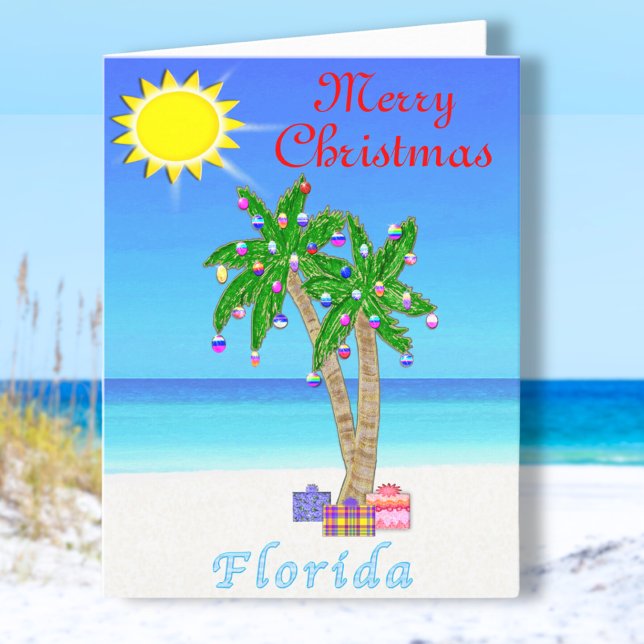 Tarjeta Festiva Navidades de Florida cobran palmera en la playa (Cheerful, Florida Christmas Cards. Palm Trees decorated with Ornaments and Gifts. Florida Cards.)