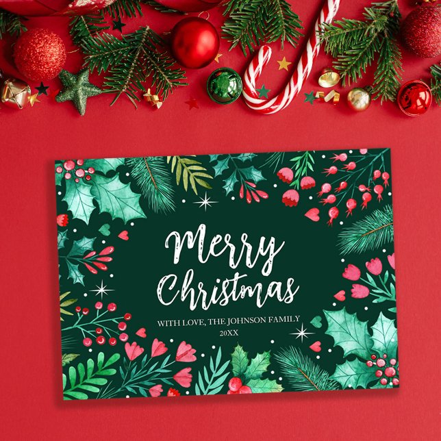 Tarjeta Festiva Navidades de follaje botánico acuarela (Watercolor Botanical Foliage Christmas Holiday Card)