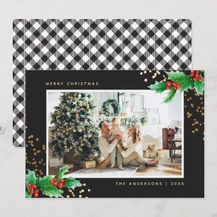 Tarjeta Festiva Navidades de foto de Black White Buffalo Plaid Hol