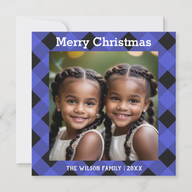 Tarjeta Festiva Navidades de foto de Blue Buffalo Plaid Check plan (Anverso)