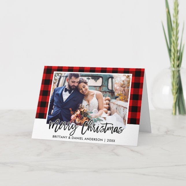 Tarjeta Festiva Navidades de foto de Boda de escobillas rojas con  (Anverso)