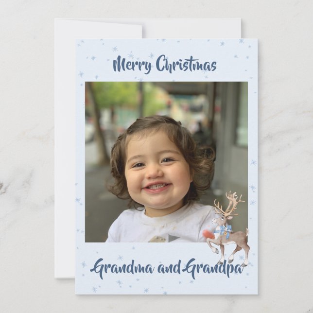 Tarjeta Festiva Navidades de foto de los abuelos Deer azul (Anverso)