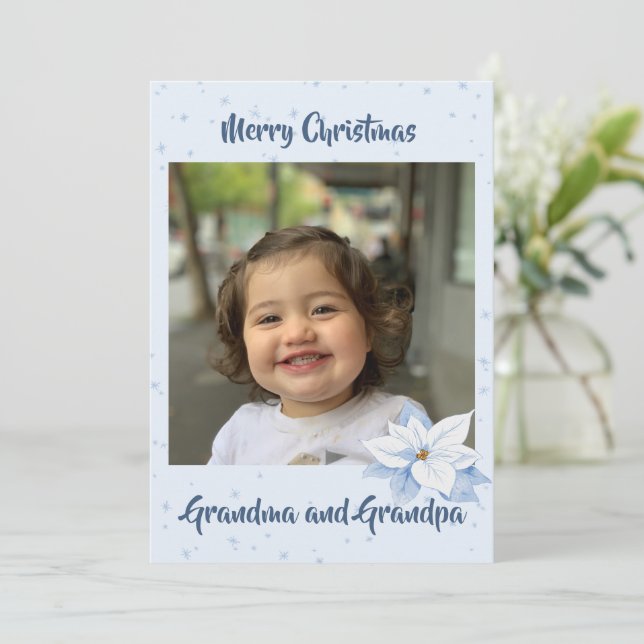 Tarjeta Festiva Navidades de foto de los abuelos Floral azul (Anverso de pie)