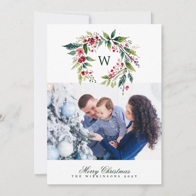 Tarjeta Festiva navidades de foto de monograma tradicional (Anverso)