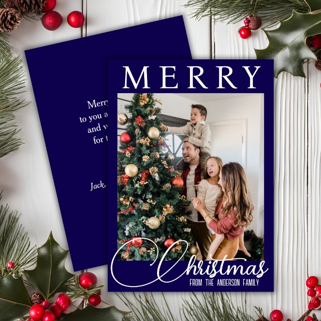 Tarjeta Festiva Navidades De Foto Familiares Tradicionales Azules  (Traditional Blue And White Family Photo Christmas Holiday Card)